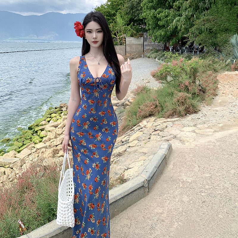V-neck sling floral long dress blue slim retro dress