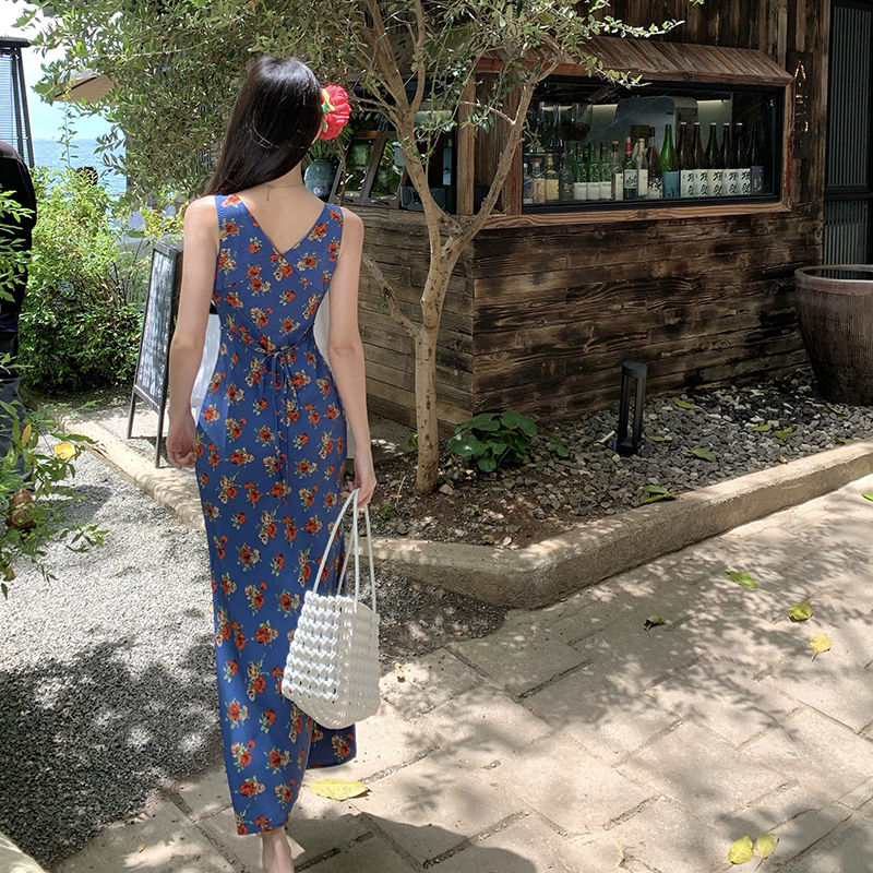V-neck sling floral long dress blue slim retro dress