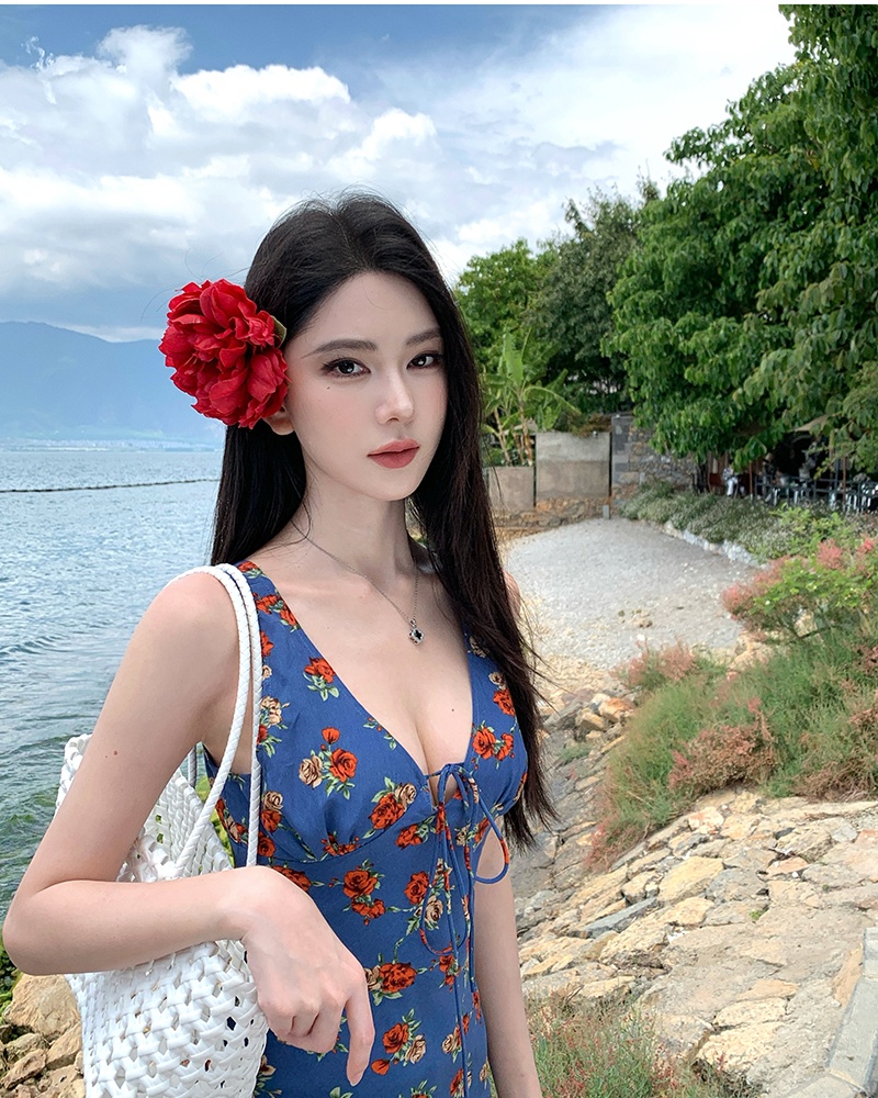 V-neck sling floral long dress blue slim retro dress