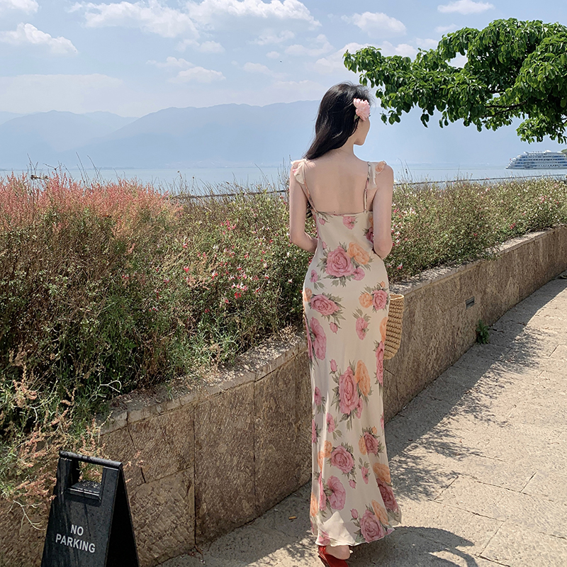 Slim rose dress V-neck France style long dress