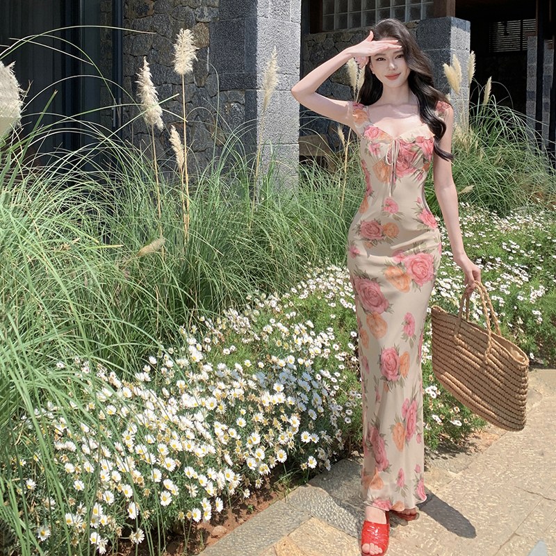 Slim rose dress V-neck France style long dress