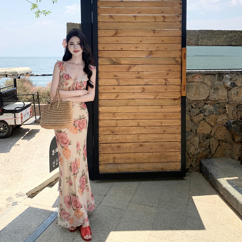 Slim rose dress V-neck France style long dress