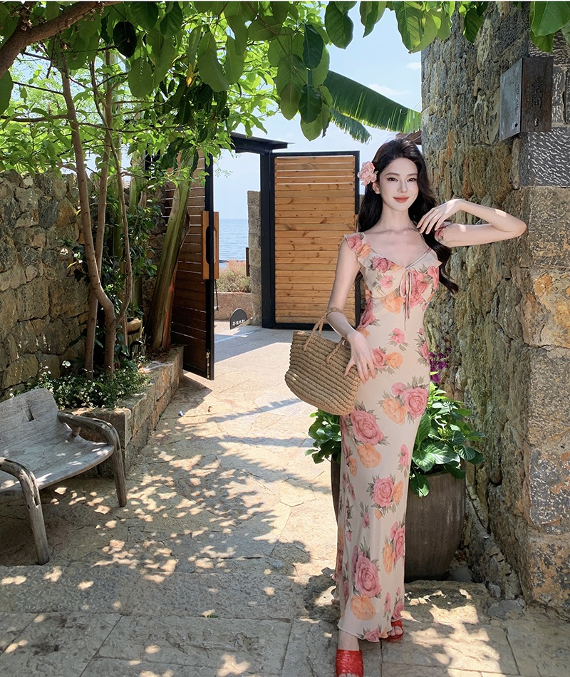 Slim rose dress V-neck France style long dress