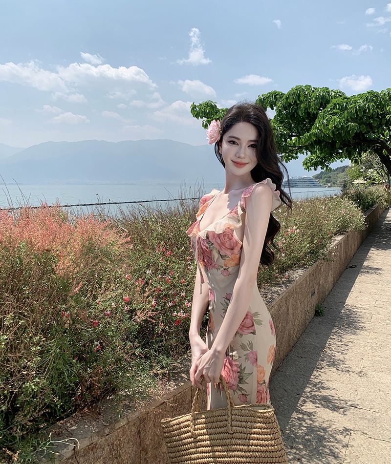 Slim rose dress V-neck France style long dress