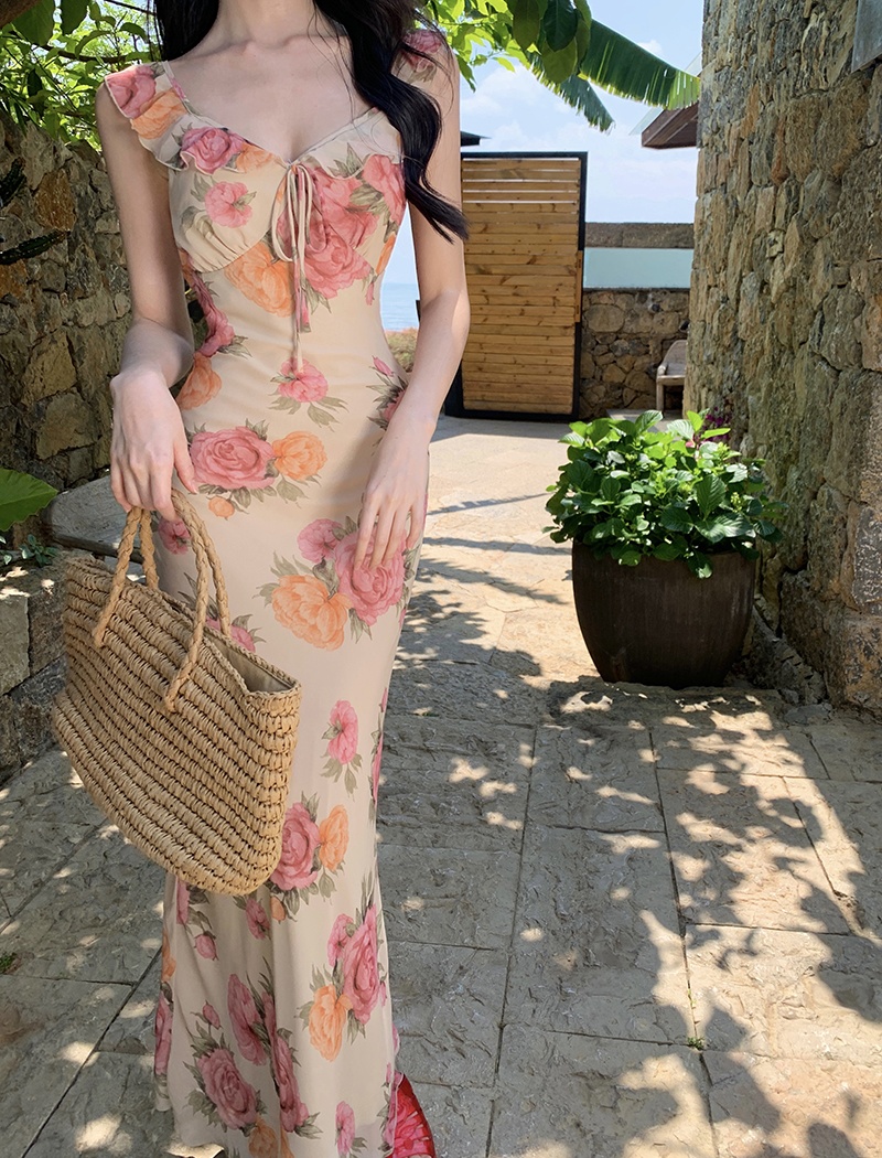 Slim rose dress V-neck France style long dress