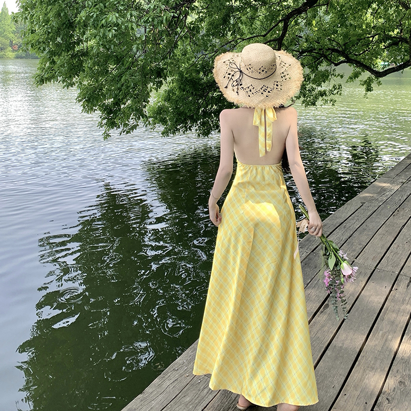 France style halter vacation dress V-neck tender long dress