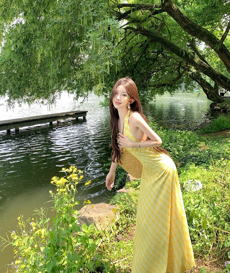 France style halter vacation dress V-neck tender long dress