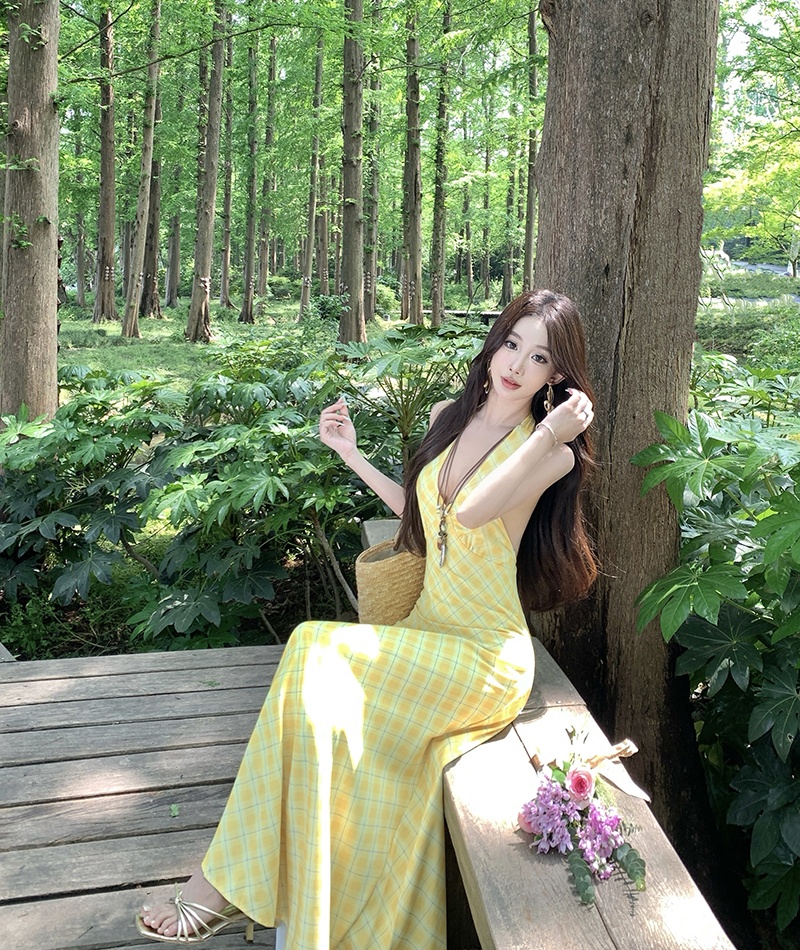 France style halter vacation dress V-neck tender long dress