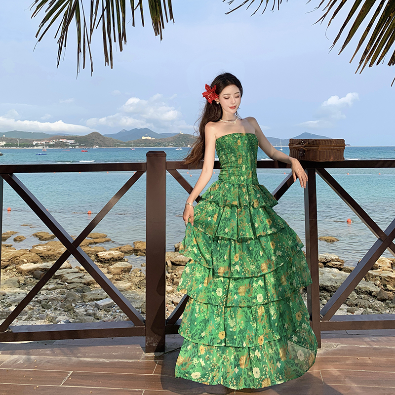 Wrapped chest cake long dress vacation seaside dress