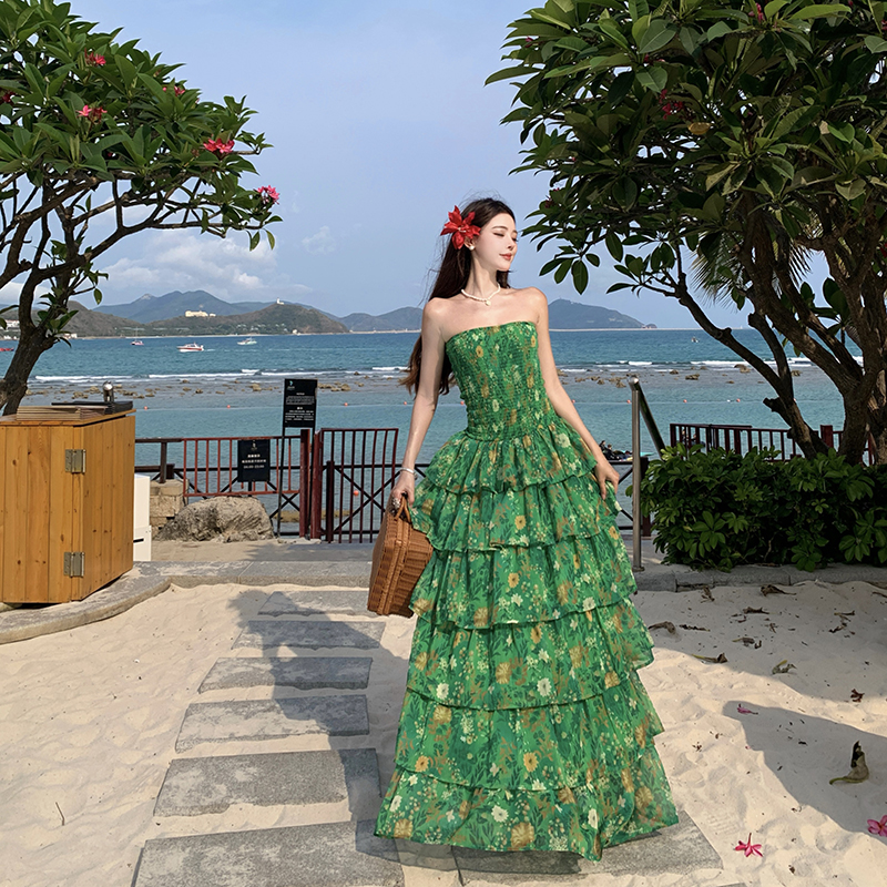Wrapped chest cake long dress vacation seaside dress