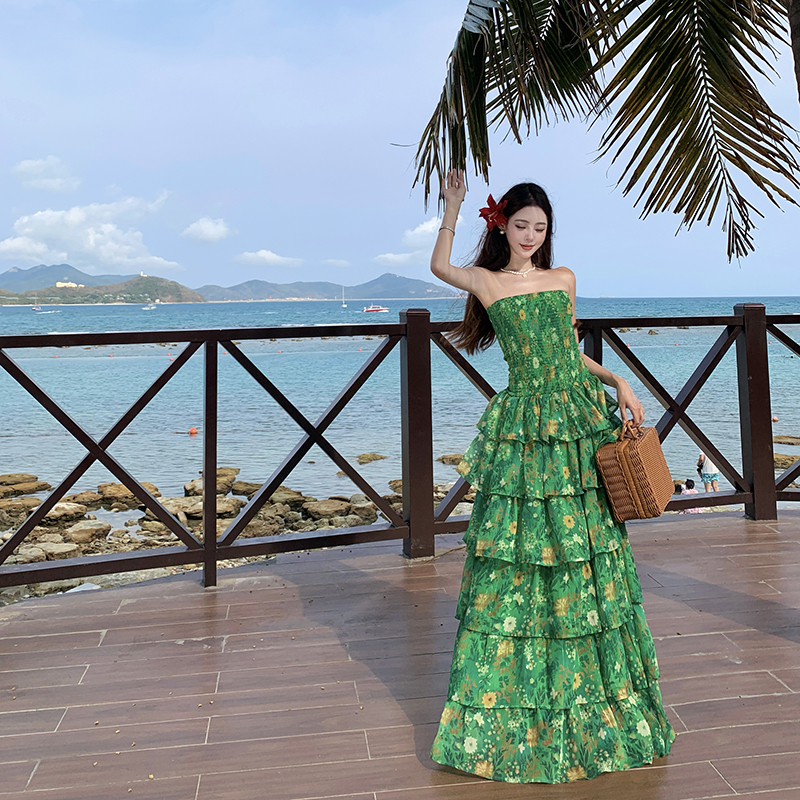 Wrapped chest cake long dress vacation seaside dress