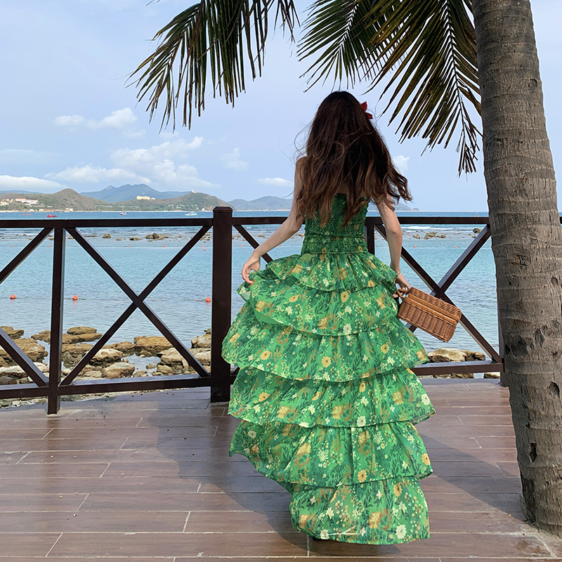 Wrapped chest cake long dress vacation seaside dress