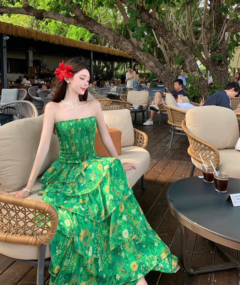 Wrapped chest cake long dress vacation seaside dress