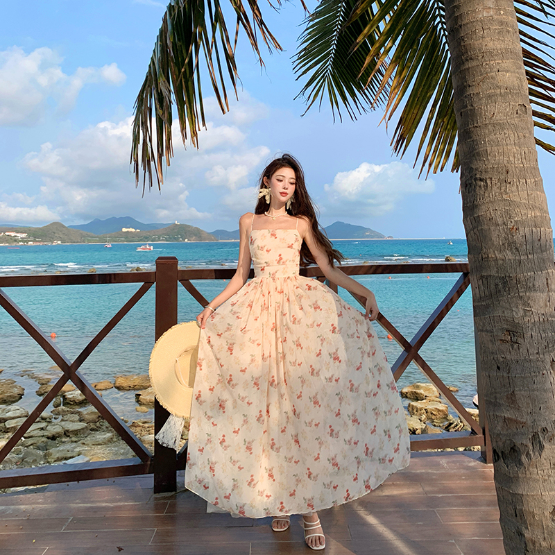 Jacquard sweet pinched waist sling floral dress for women