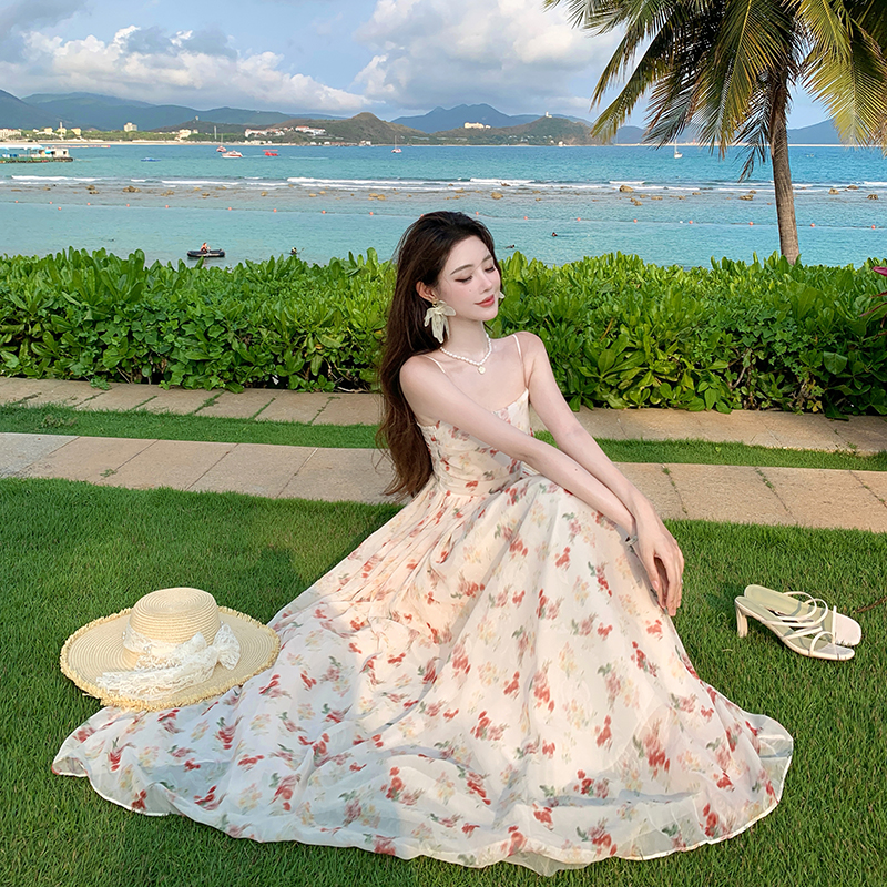 Jacquard sweet pinched waist sling floral dress for women