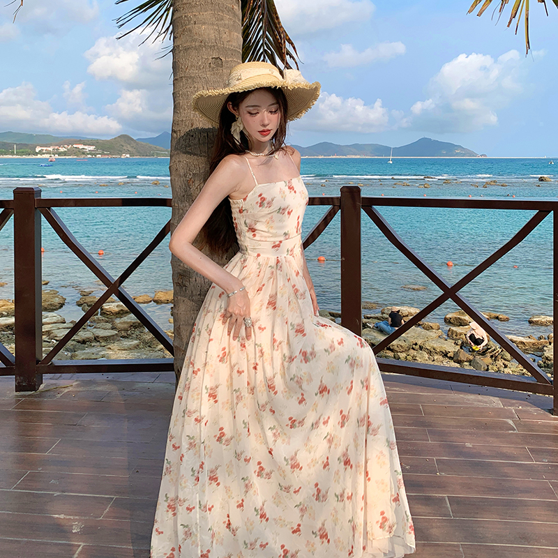 Jacquard sweet pinched waist sling floral dress for women