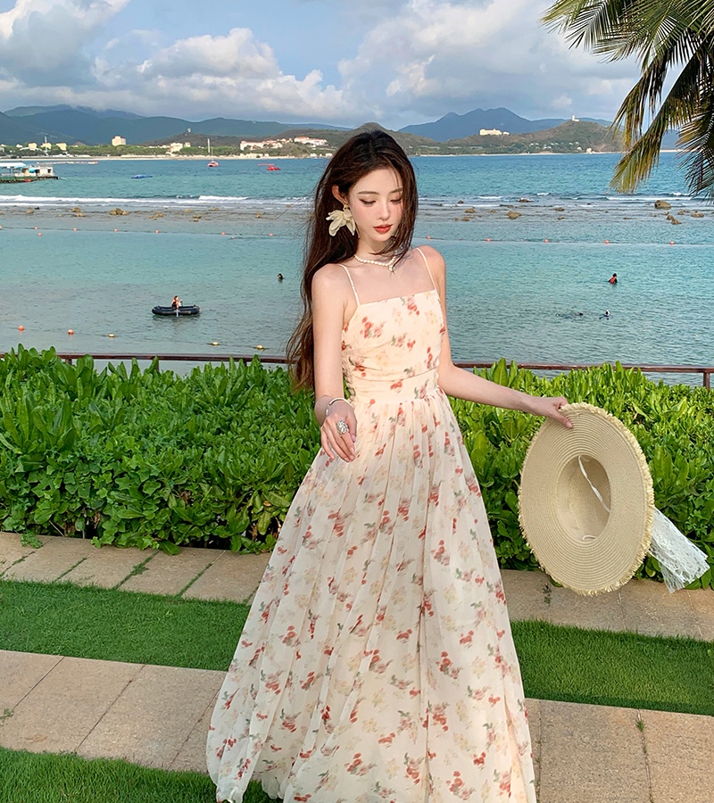 Jacquard sweet pinched waist sling floral dress for women