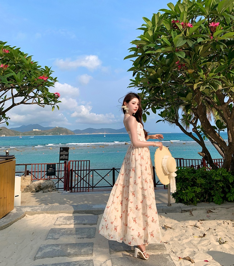 Jacquard sweet pinched waist sling floral dress for women