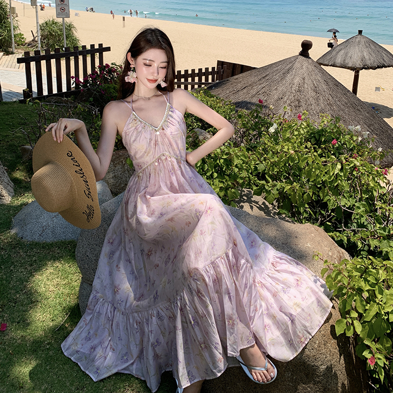 Floral slim long dress vacation seaside dress for women