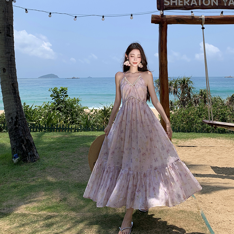 Floral slim long dress vacation seaside dress for women