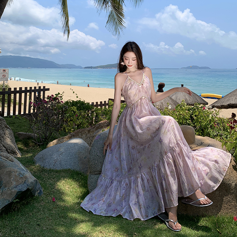 Floral slim long dress vacation seaside dress for women
