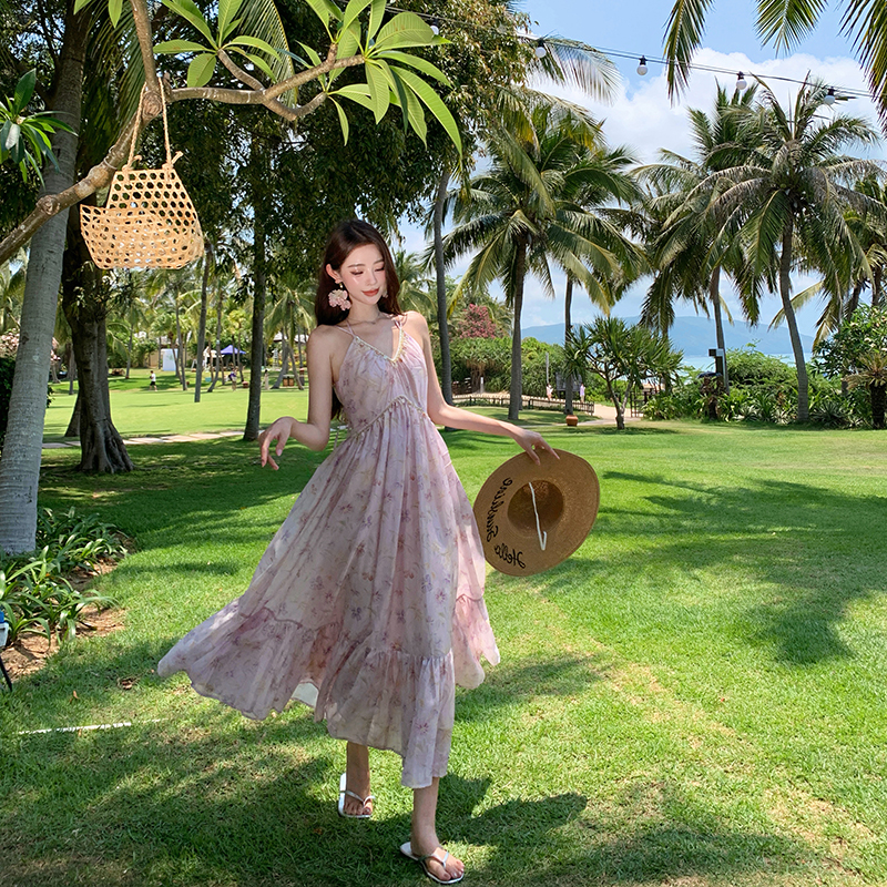 Floral slim long dress vacation seaside dress for women