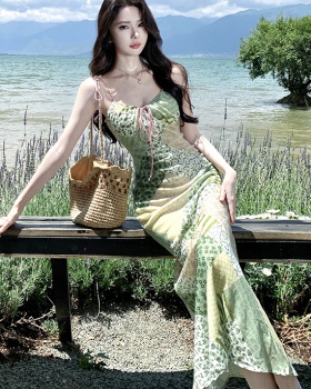 Printing pinched waist long dress vacation dress for women