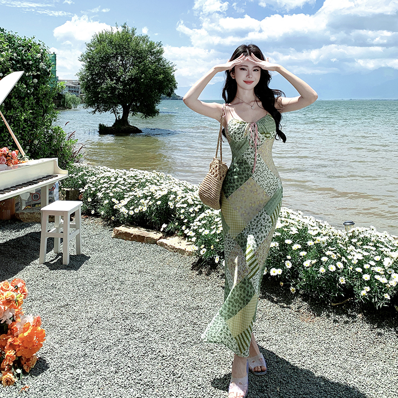 Printing pinched waist long dress vacation dress for women