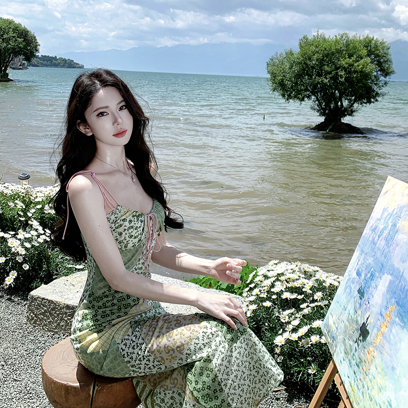 Printing pinched waist long dress vacation dress for women