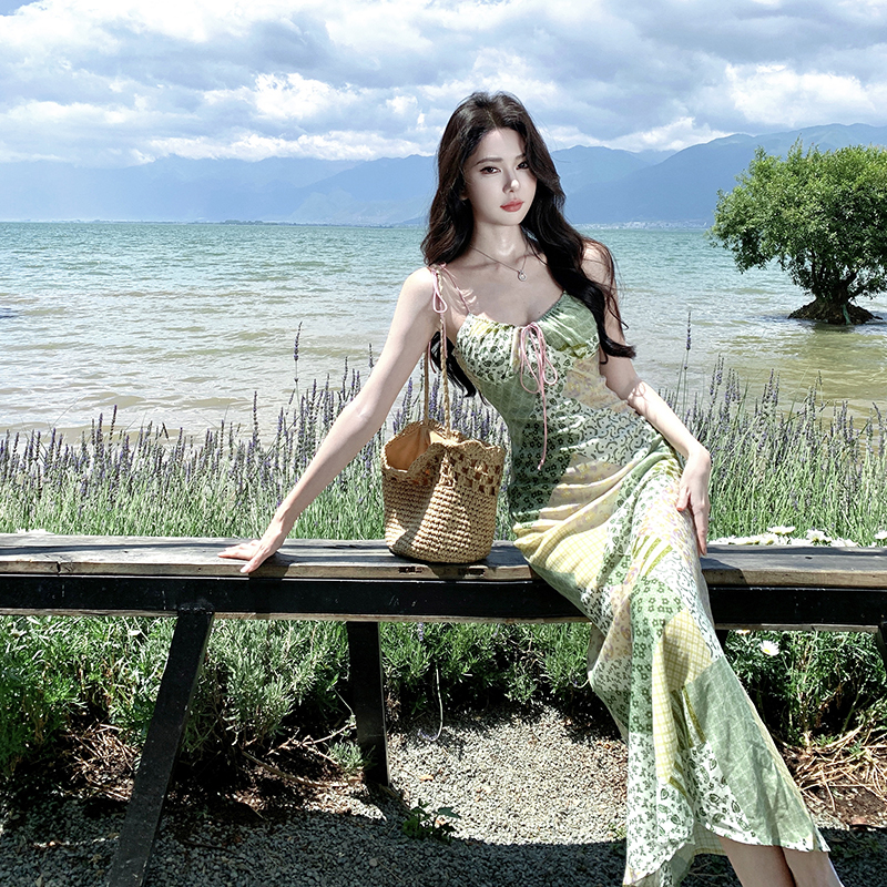 Printing pinched waist long dress vacation dress for women