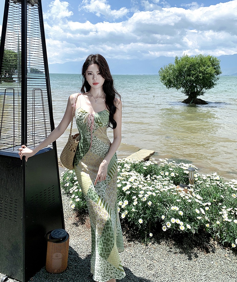 Printing pinched waist long dress vacation dress for women