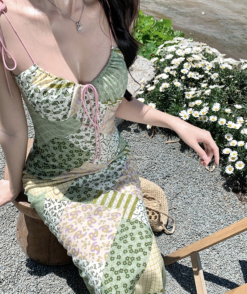Printing pinched waist long dress vacation dress for women