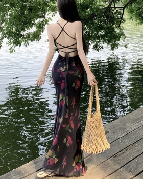 Halter V-neck dress printing sling long dress for women