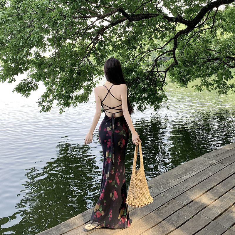Halter V-neck dress printing sling long dress for women
