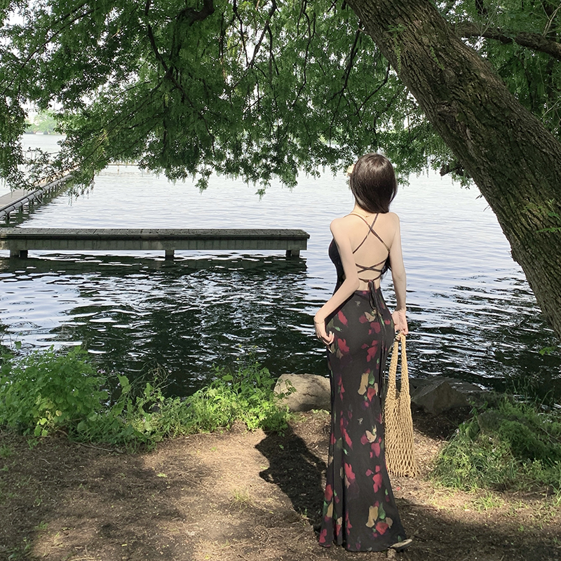 Halter V-neck dress printing sling long dress for women