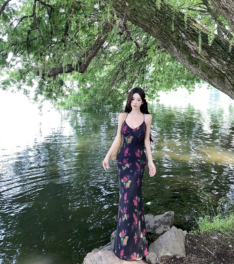 Halter V-neck dress printing sling long dress for women