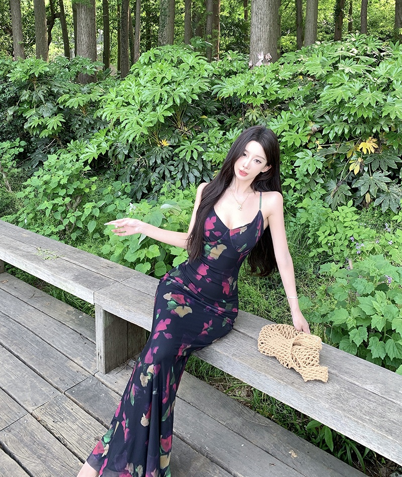 Halter V-neck dress printing sling long dress for women