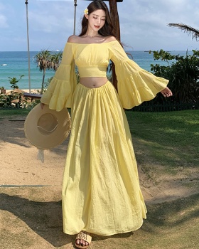 Vacation tops trumpet sleeves skirt 2pcs set