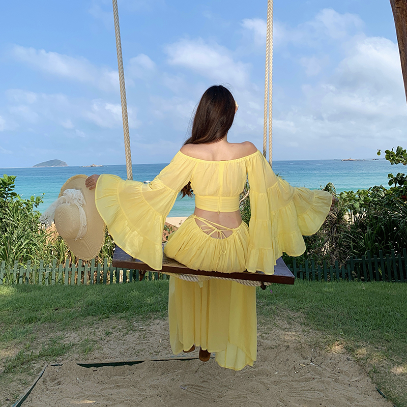 Vacation tops trumpet sleeves skirt 2pcs set