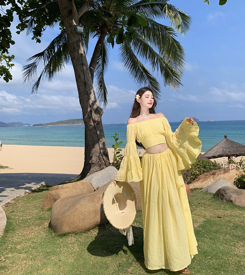Vacation tops trumpet sleeves skirt 2pcs set