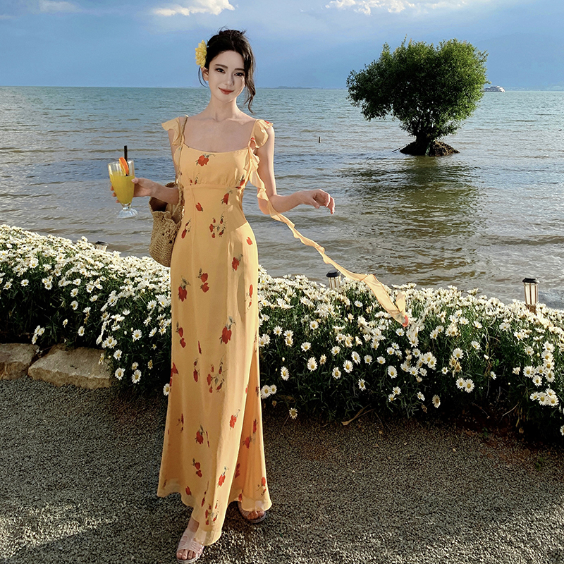 Slim floral long dress France style vacation dress