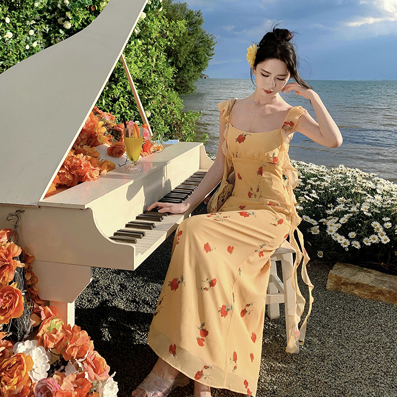 Slim floral long dress France style vacation dress