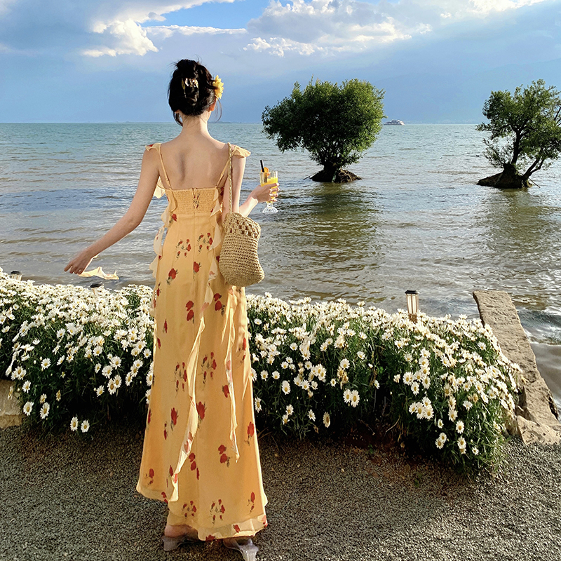 Slim floral long dress France style vacation dress
