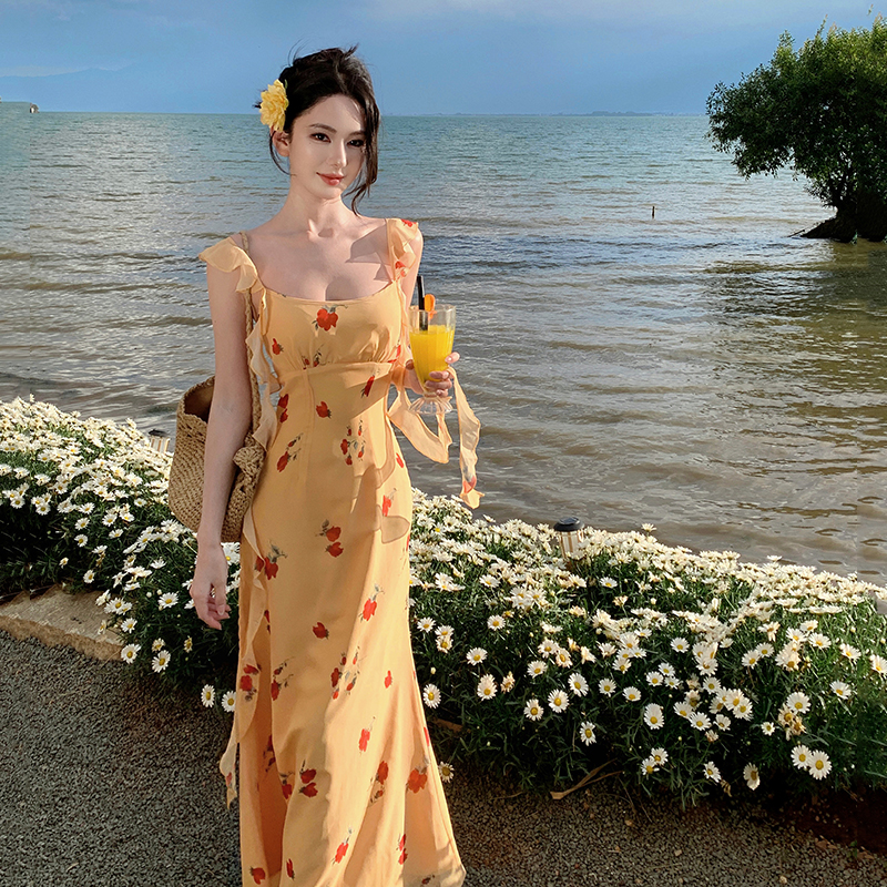 Slim floral long dress France style vacation dress