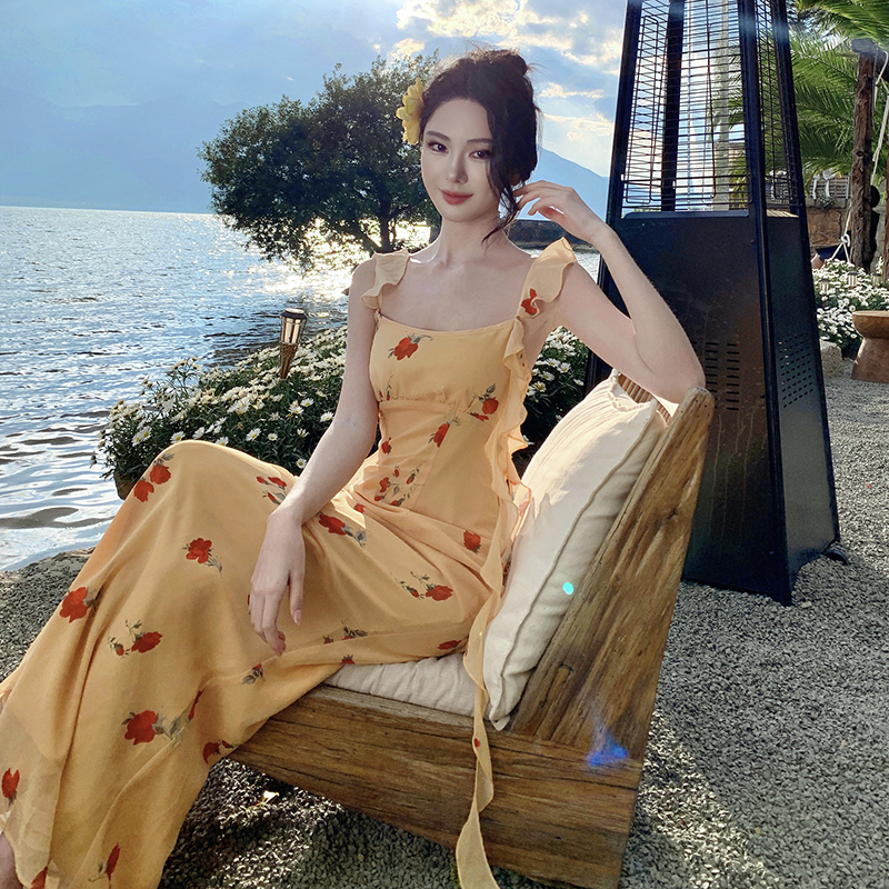 Slim floral long dress France style vacation dress