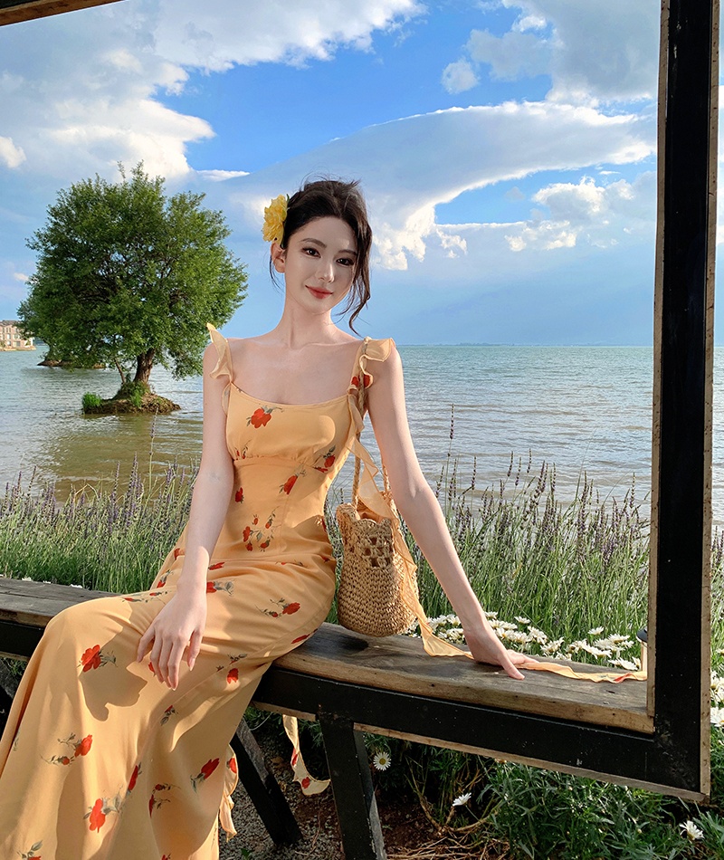 Slim floral long dress France style vacation dress
