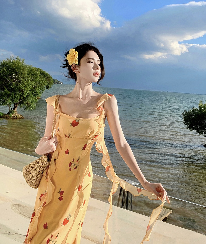 Slim floral long dress France style vacation dress