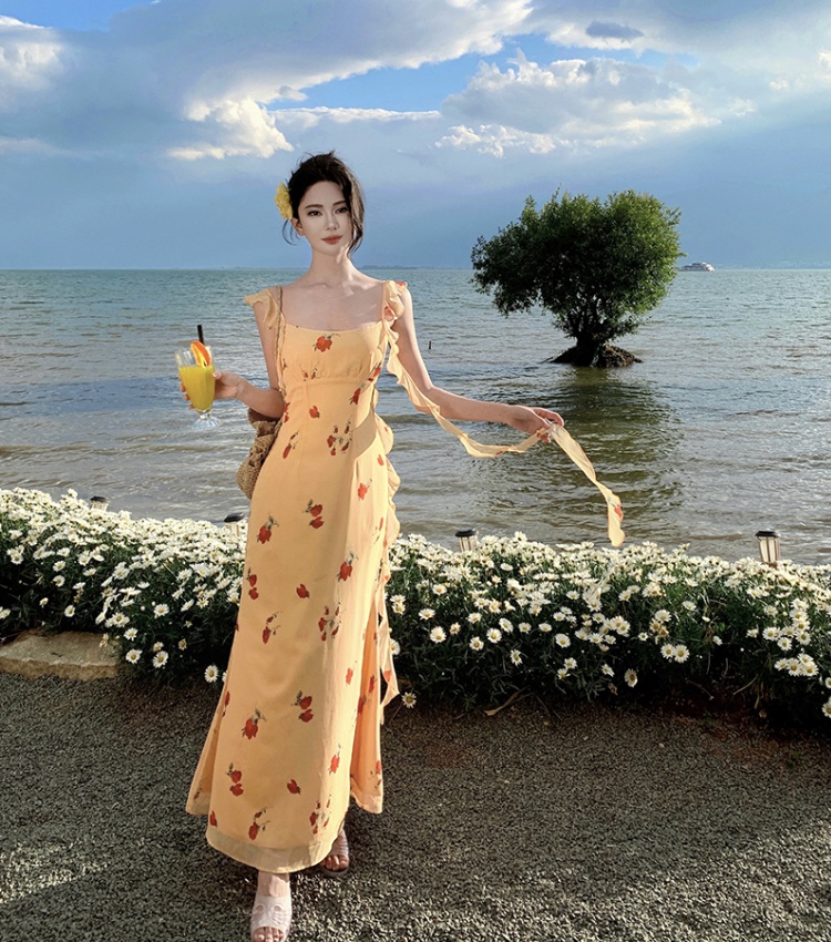 Slim floral long dress France style vacation dress