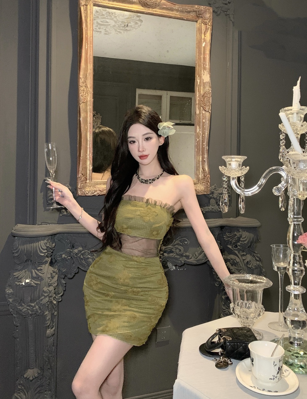 Spicegirl wrapped chest slim dress summer lace T-back