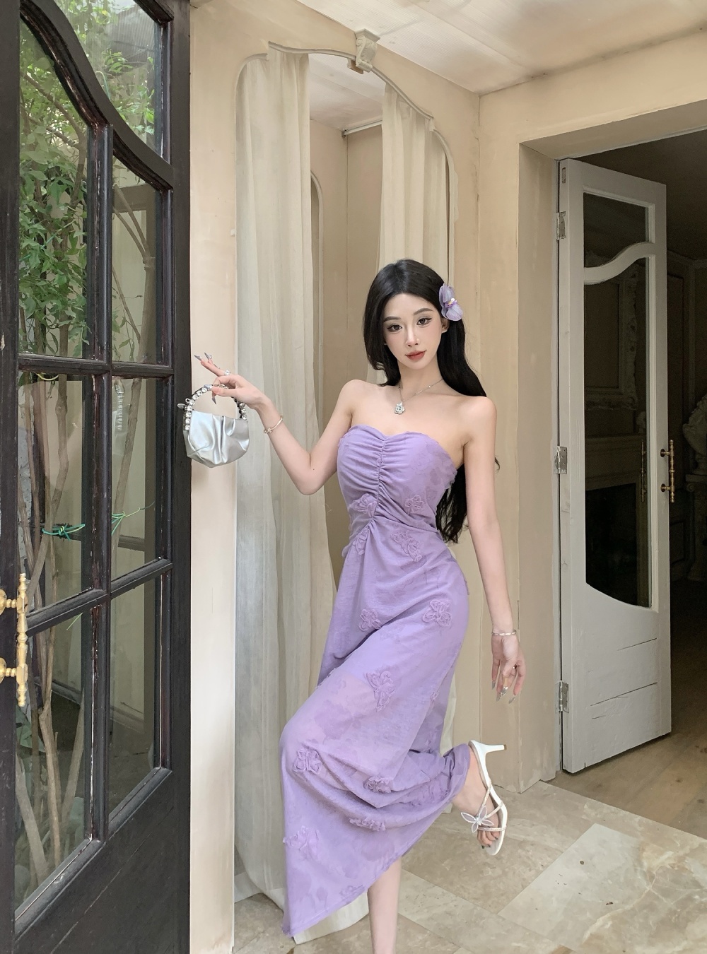 Lace summer fold wrapped chest sweet slim Thailand dress